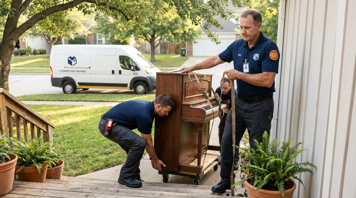Licensed piano movers securing grand piano in Powhatan Point, OH