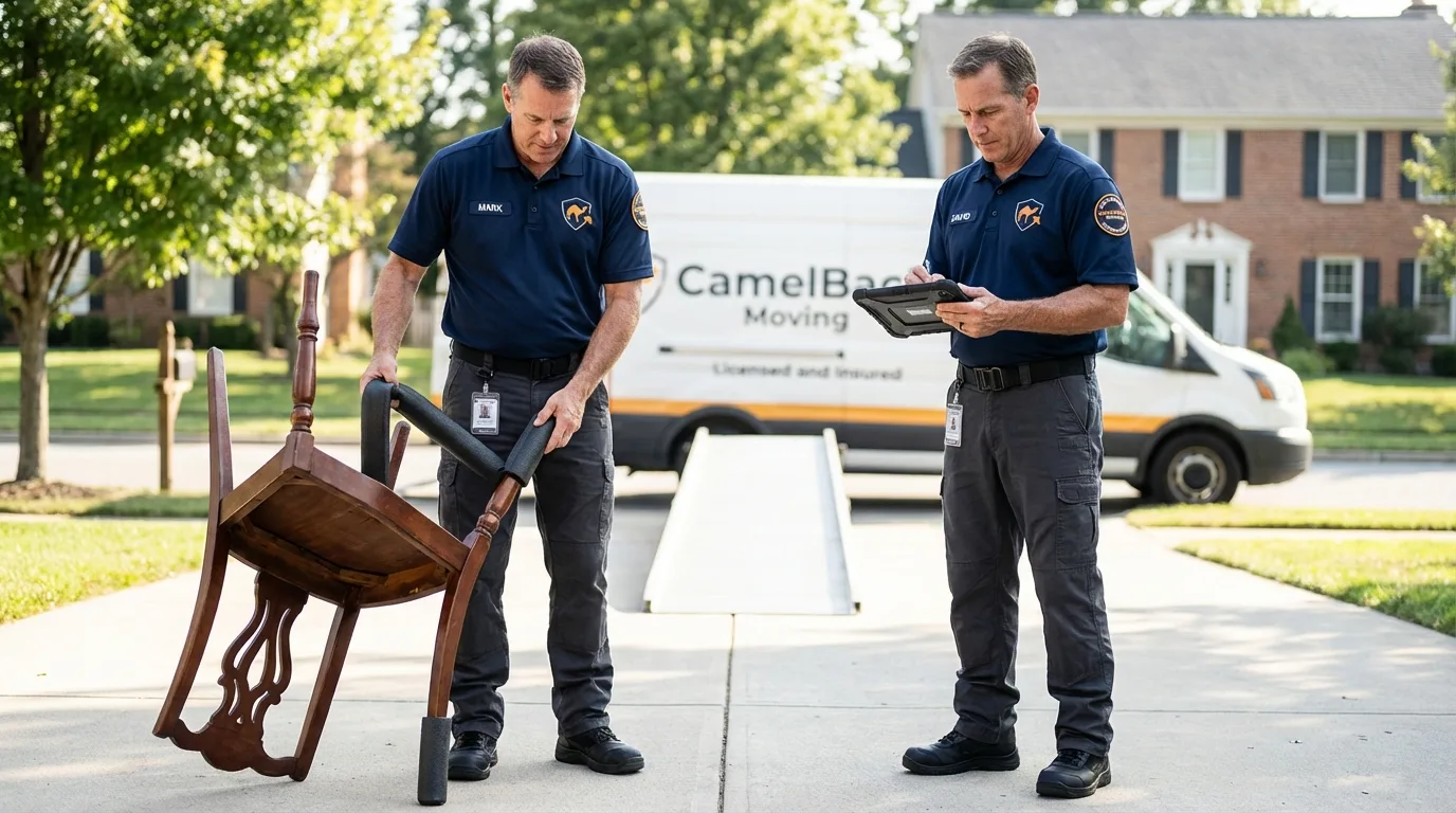 Movers inspecting furniture for damage prevention before loading in Powhatan Point, OH