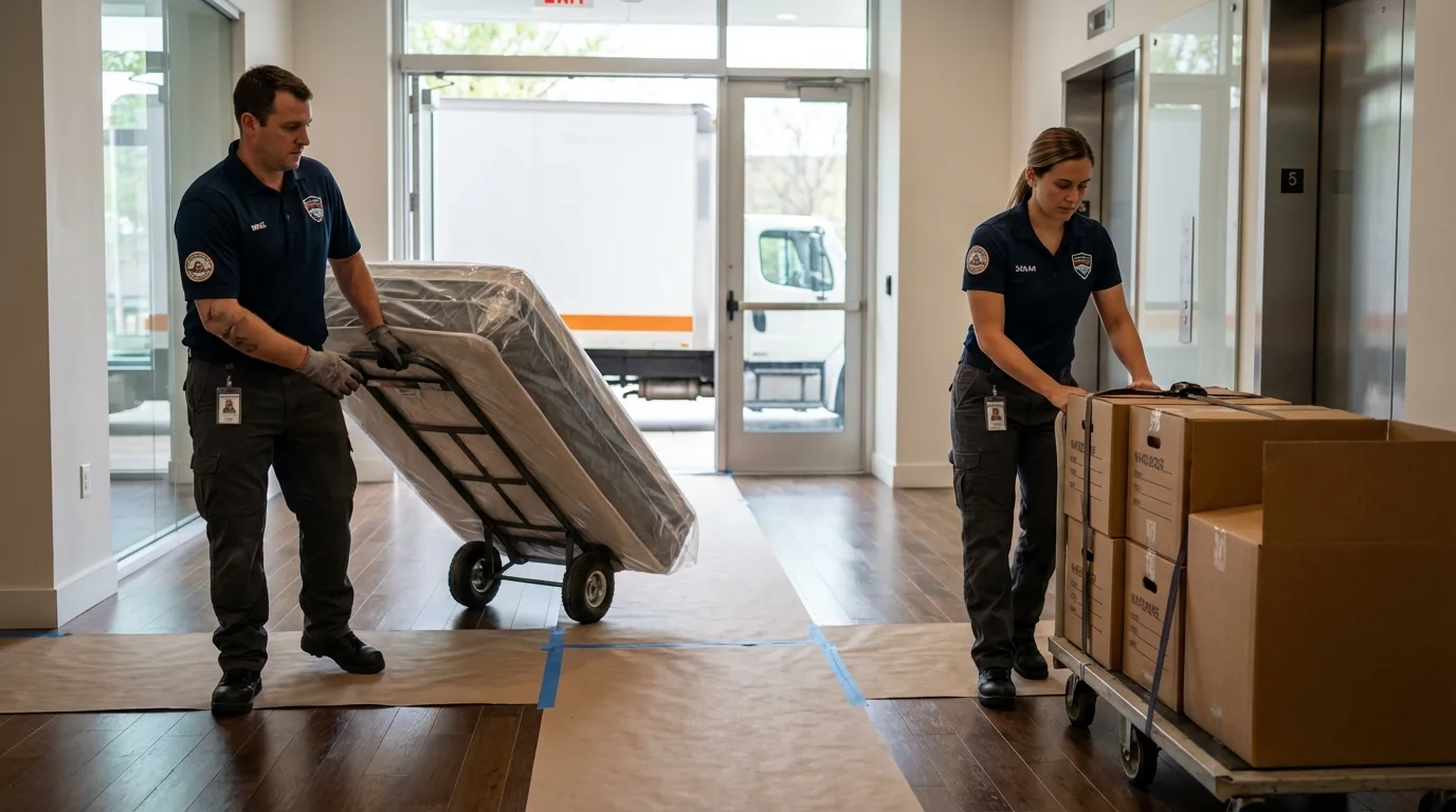 Professional apartment movers loading elevator in Powhatan Point, OH