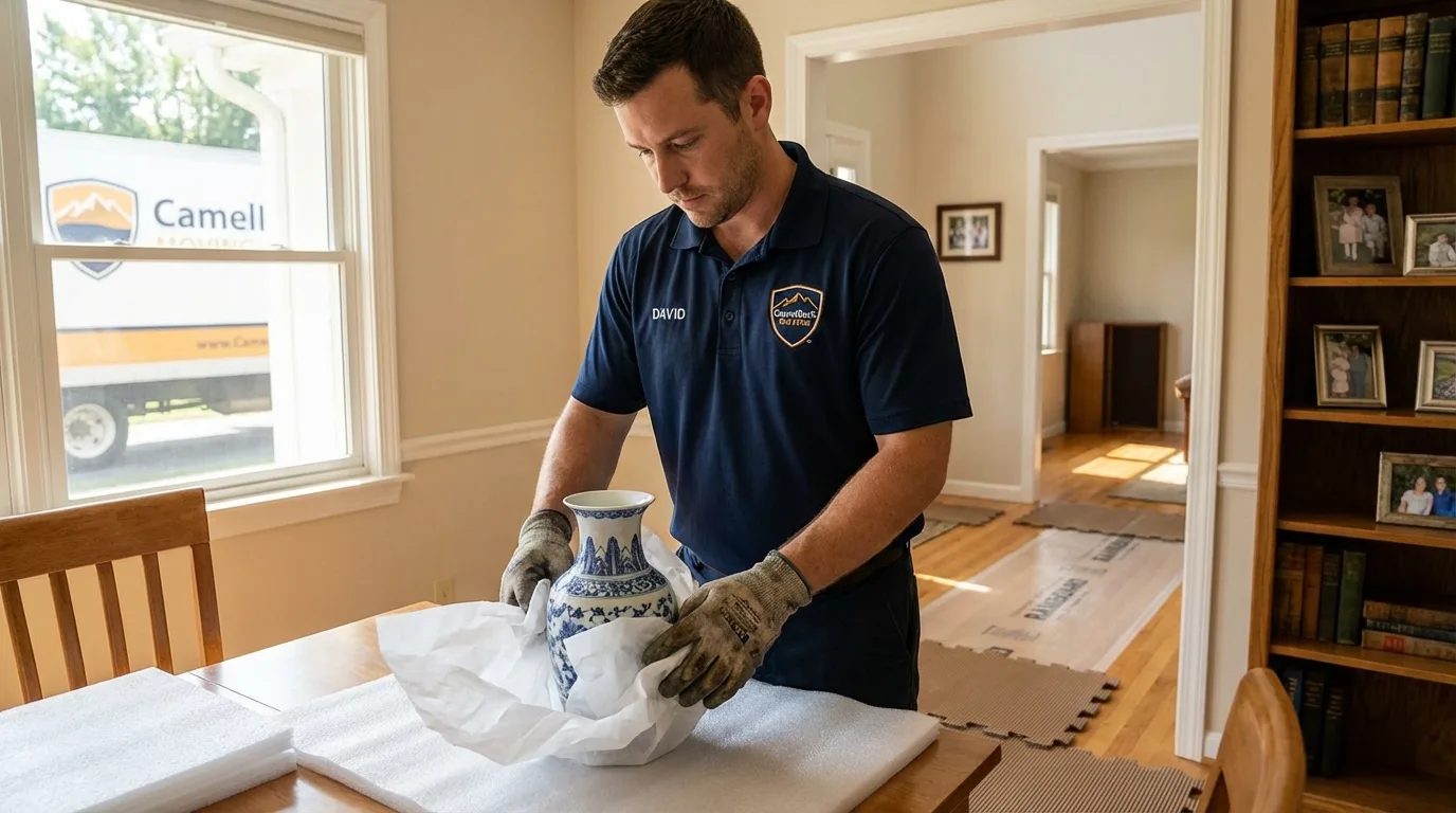 Professional crew carefully wrapping antique vase for senior downsizing move in Powhatan Point, OH